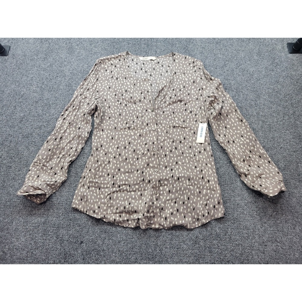 Old Navy Womens Long Sleeve Button Down Blouse Taupe Black Polka Dot Small NWT